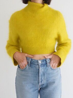 Atelier & Other Stories Chartreuse Yellow Solid Cropped Ribbed Turtleneck XS